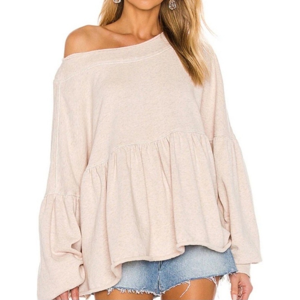 Free People Babydoll Sweatshirt Neutral Cream French Terry Oversized Size S NWT
